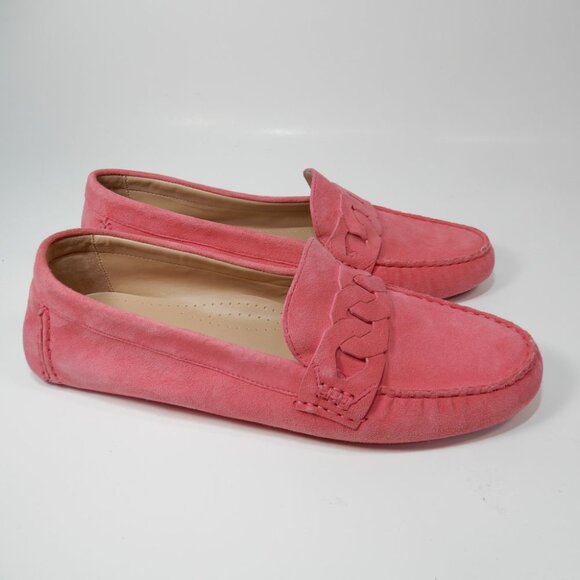 Cole Haan Evelyn Driver Loafer Slip on Flats Size 8 Rose Pink Suede Chain NEW - Picture 2 of 10